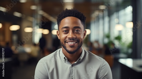 Young smiling professional business black man standing in the office and looking at camera