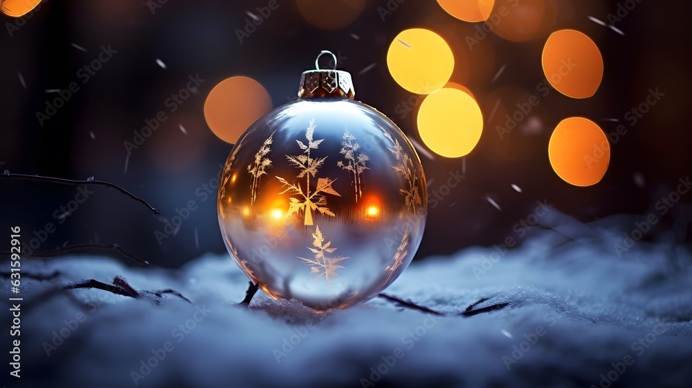Christmas glass ball on snow with bokeh background. 3D rendering. Christmas glass ball on snow with bokeh background. 3D rendering.