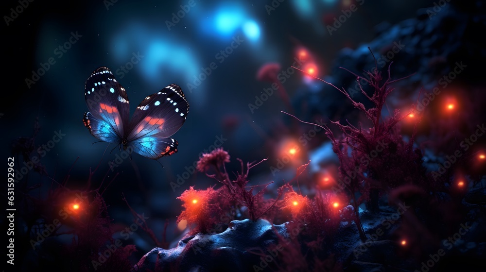 Beautiful butterfly in the deep forest. Colorful 3D rendering