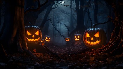 Halloween pumpkins in the forest at night.Halloween background with Evil Pumpkin. Spooky scary dark Night forrest. Holiday event halloween banner background concept