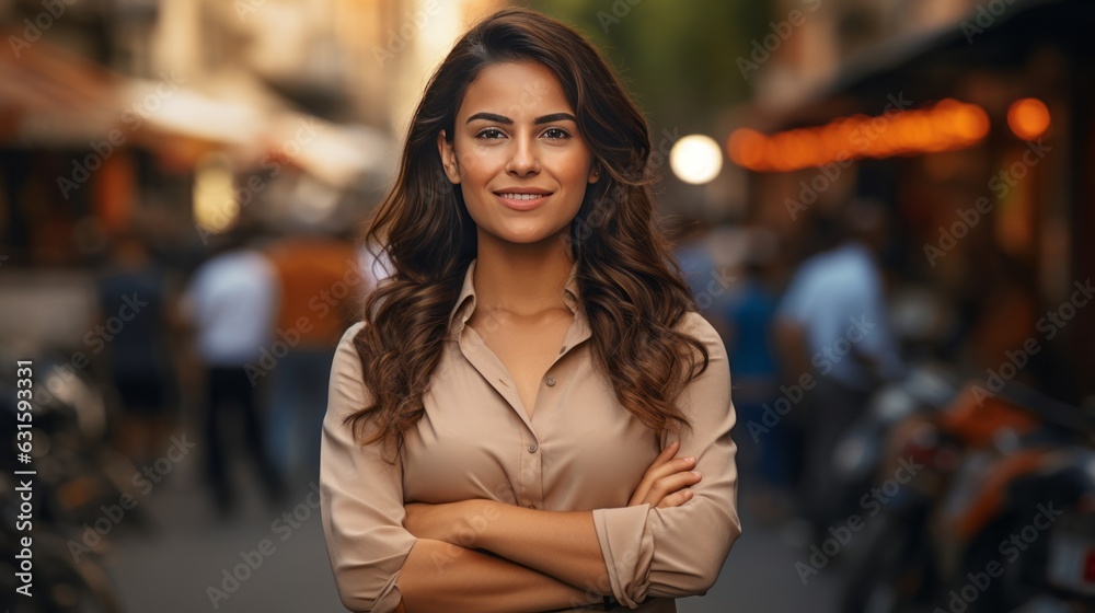 Young smiling professional Indian woman standing outdoor on street arms crossed and looking at camera
