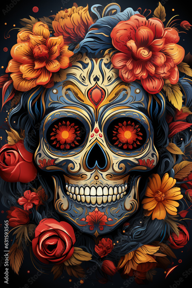 La Catrina dia de muertos Skull. Bemalter Schädel mit bunten Blumen. Tag der Toten in Mexico. Hochkant. Hochformat. Generative Ai.