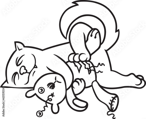 Cartoon: verspielte Katze liegt und schläft zufrieden mit einem kaputten Teddy als Spielzeug und Kuscheltier