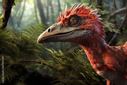 Dinosaur in the forest. 3D render. Nature background. A bird like a dinosaur of the late Jurassic period, AI Generated © Iftikhar alam