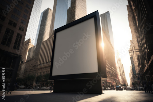 billboard mockup vertical al atardecer, singboard grande en blanco espacio para insertar texto, anuncio en la ciudad photo