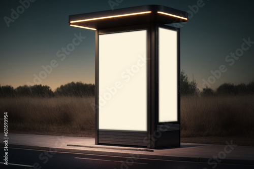 Outdoor Bus Shelter Advertisement Mockup, night urban scene showing a bus billboard display, Light Sign Mockup