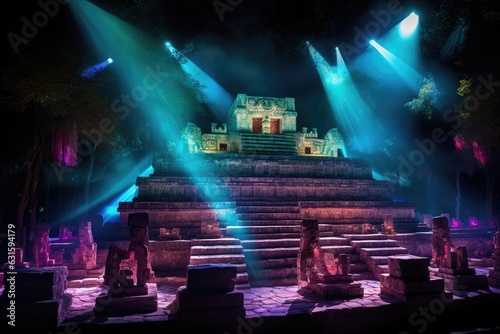 The ancient city of Pattaya, Thailand. a breathtaking image of a Mayan ceremonial site illuminated by vibrant, glowing lights that stretch out from the structure, AI Generated