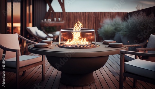 A closeup of a fire pit table with nic dec and with beautiful view Generative in ai photo
