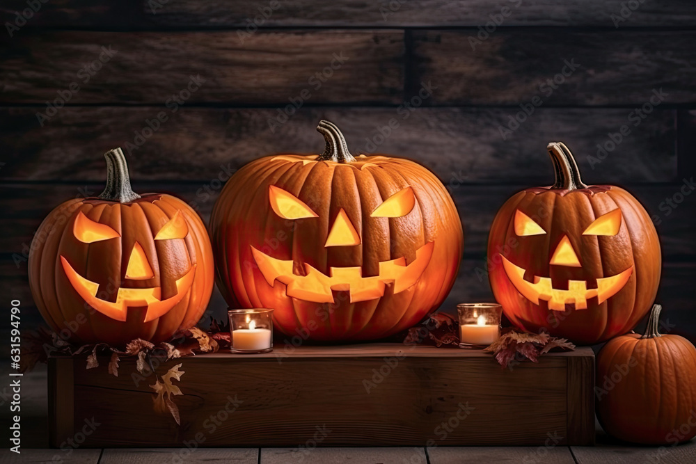 Fototapeta premium Halloween pumpkin and candles, jack o lantern, generative ai