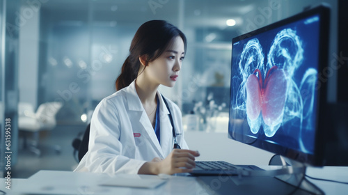 Asian women Doctor using technology document management on computer system management for cardiologist Specialist in treating heart disease for treatment in hospital , DMS document management concept