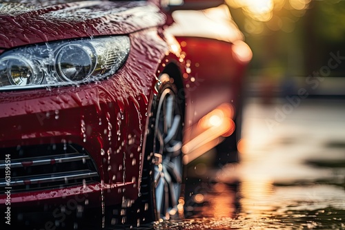 Red car wash with white soap foam and professional auto care service outdoor. Car cleaning service concept. Vehicle cleaning service. Foam wash car detailing. Luxury SUV car covered with water drops