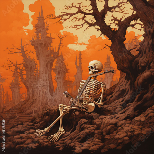 Halloween style A skeleton sitting beside a large tree with a castle behind it orange tone for Halloween background.