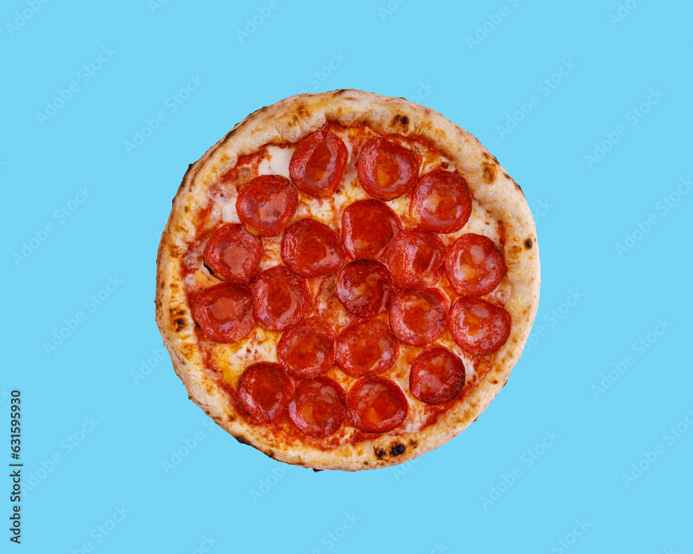 craft pepperoni pizza on a blue background, studio shooting 1 craft pepperoni pizza on a blue background, studio shooting 1