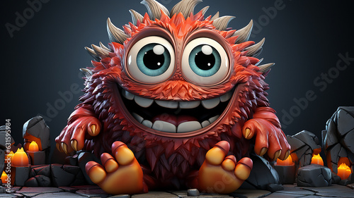 cute little cartoon monster sitting isolated on white , smiling mutant,