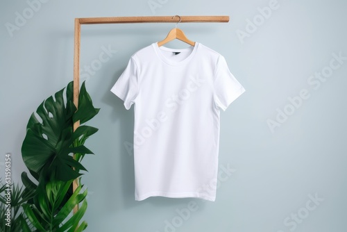 Mockup camiseta blanca fondo neutro con planta, branding nueva línea de ropa, camiseta blanca colgada percha estilo nórdico 