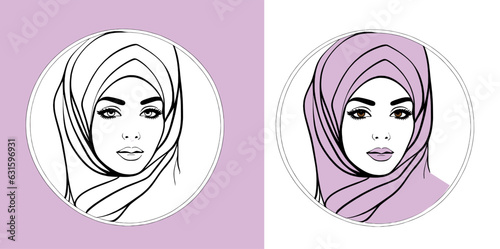 The face of a beautiful Arab girl in a pink hijab. Vector illustration, logo