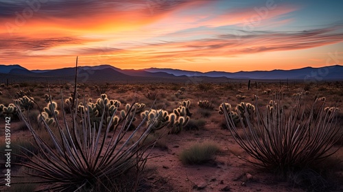 Arid Sunset on the Mohave Desert Landscape in Yucca Valley, California: Hot Dry Horizon, Blue Sky, Brush Flora Highlight. Generative AI photo