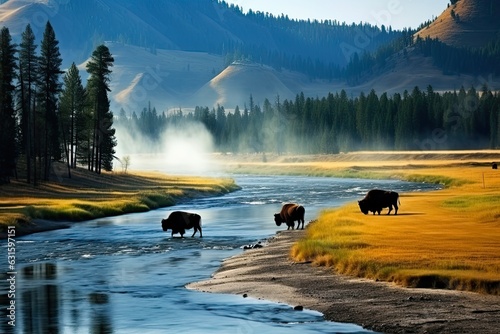 Beauty of Yellowstone National Park: Buffalo Grazing near the River. Generative AI