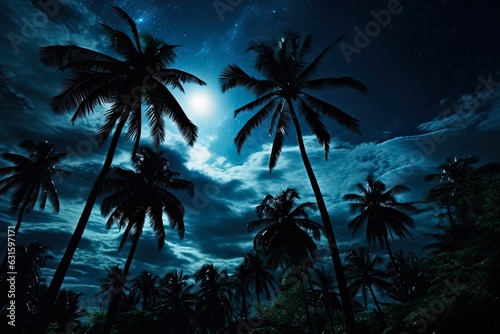 Carbon Respiration in Moonlit Sky: Palm Trees Silhouetted in New Zealand Against Stars. Generative AI