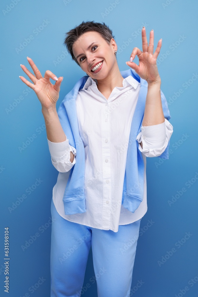 funny authentic brunette woman with short haircut in stylish clothes funny authentic brunette woman with short haircut in stylish clothes