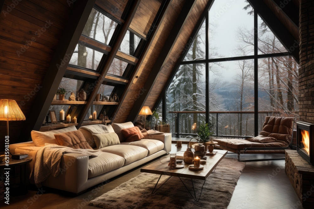 Cozy living room with a panoramic window overlooking the winter ...