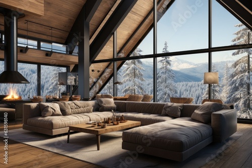 Cozy living room with a panoramic window overlooking the winter mountains and forest. Front view of sofa and coffee table against wide window with snowy mountain landscape. Concept of holidays.