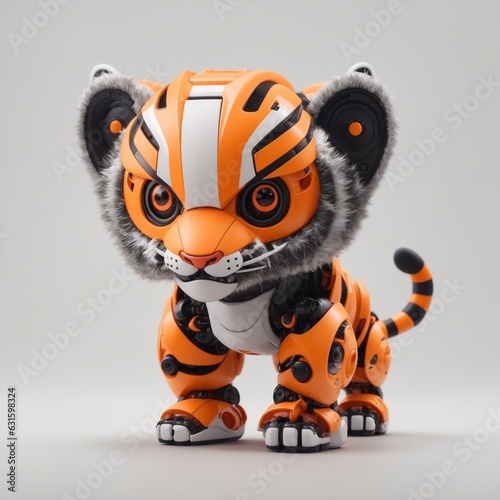 cute tiny robotic tiger  white background Generative AI