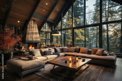 Cozy living room with a panoramic window overlooking the autumn mountains and forest. Front view of sofa and coffee table against wide window with mountain landscape. Concept of holidays. © Irina Mikhailichenko
