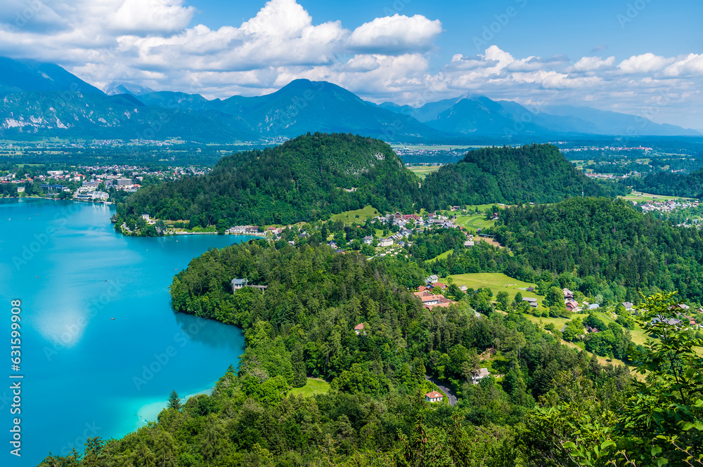 A view from the Mala Osojnica viewpoint along the southern shore of Lake Bled, Slovenia in summertime