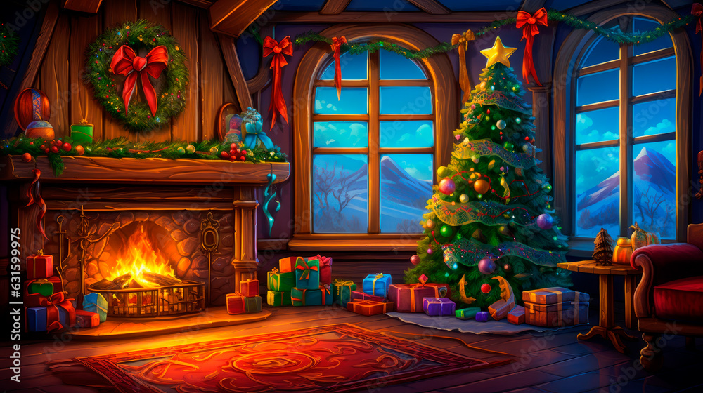 A living room decorated for Christmas with a tree, fireplace, presents, and a wreath