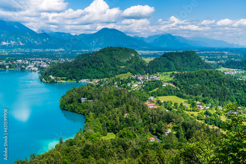 A view from the Mala Osojnica viewpoint along the southern shore of Lake Bled, Slovenia in summertime