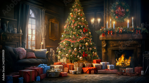 A living room decorated with a Christmas tree, fireplace, and wreath with presents all around the room © James Nesterwitz