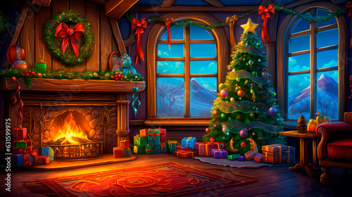 A living room decorated for Christmas with a tree, fireplace, presents, and a wreath