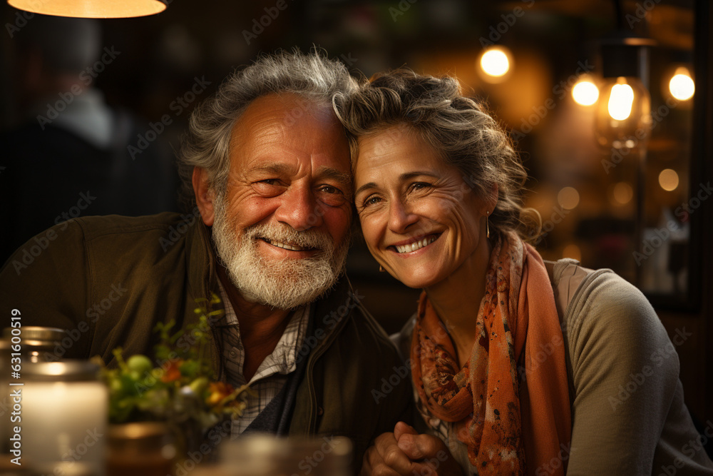 Smiling elderly couple sits at table with candles in anniversary Smiling elderly couple sits at table with candles in anniversary