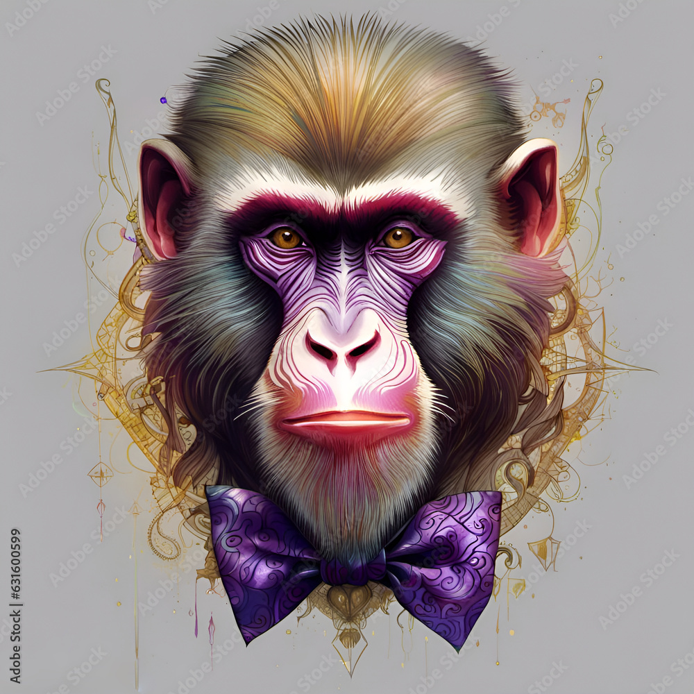 Simian The All Knowing Mandrill Monkey in Bow Tie Ribbon Purple ~ Created with Generative AI.