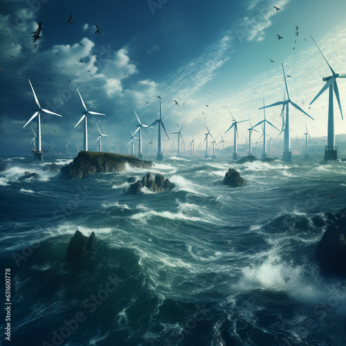 Wind farm in the sea. Generative AI.