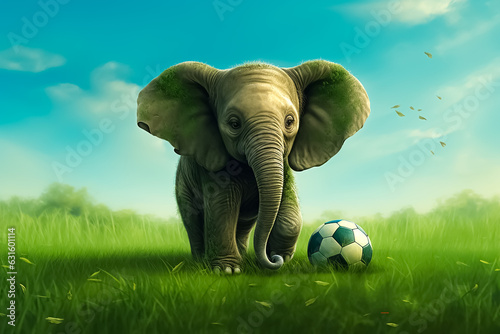 illustration of a happy little elephant playing with a soccer ball on a green lawn