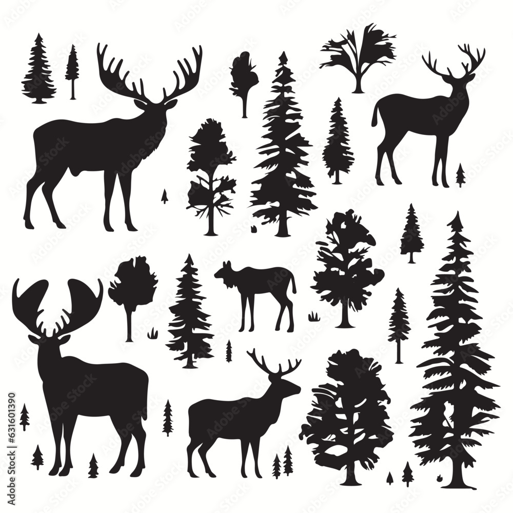 Fototapeta premium Moose silhouettes and icons. black flat color simple elegant Moose animal vector and illustration.