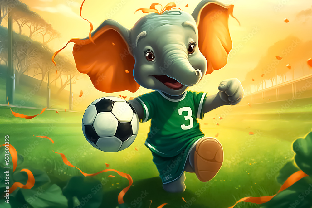 happy little elephant with a little gold crown on his head, wearing a soccer jersey in the colors of the ivory coast, playing with a soccer ball