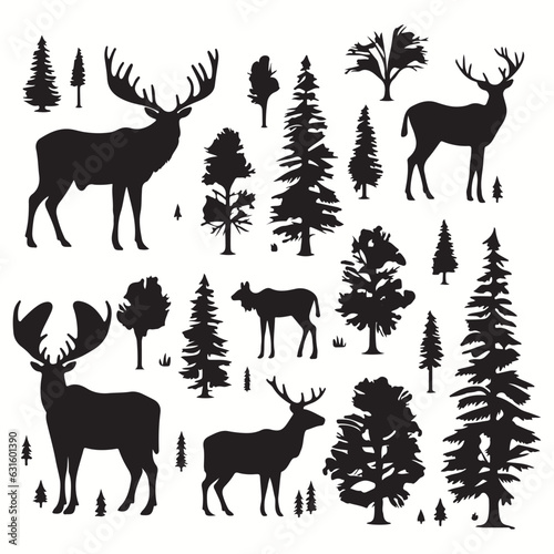 Fototapeta Naklejka Na Ścianę i Meble -  Moose silhouettes and icons. black flat color simple elegant Moose animal vector and illustration.	
