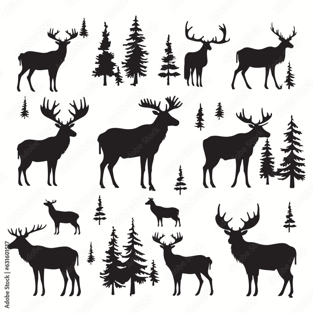 Fototapeta premium Moose silhouettes and icons. black flat color simple elegant Moose animal vector and illustration. 