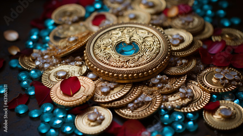 Rangoli of Prosperity: Embellished with Coins, Gold, and Precious Gems 