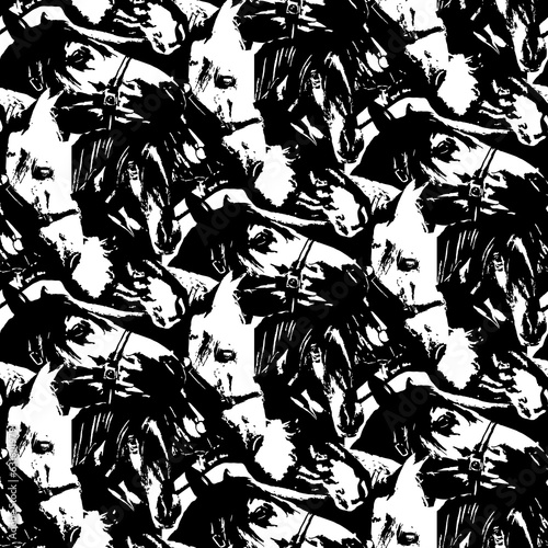 Seamless pattern from the head of horses. Monochrome black and white background.