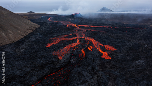 Aerial Panoramic view of Volcano Eruption, Litli-Hr?tur Hill.