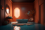 Architecture and interior design concept. Abstract retro minimalist interior colorful design background with copy space. Vivid colors, futuristic style with various objects in room. Generative AI