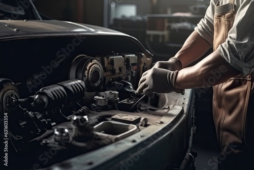 Professional unrecognizable car mechanic working in auto repair service.