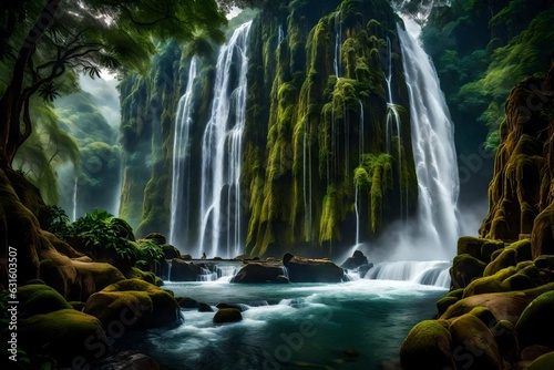 A cascading waterfall in the middle of a serene jungle - AI Generative