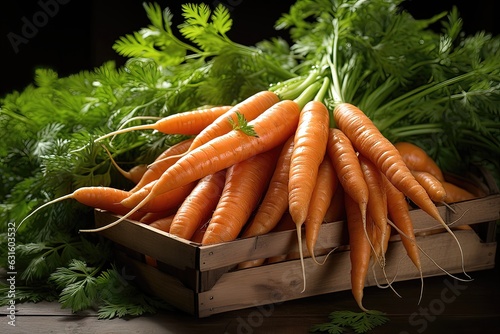 Bunch of fresh carrots with green leaves in wooden box