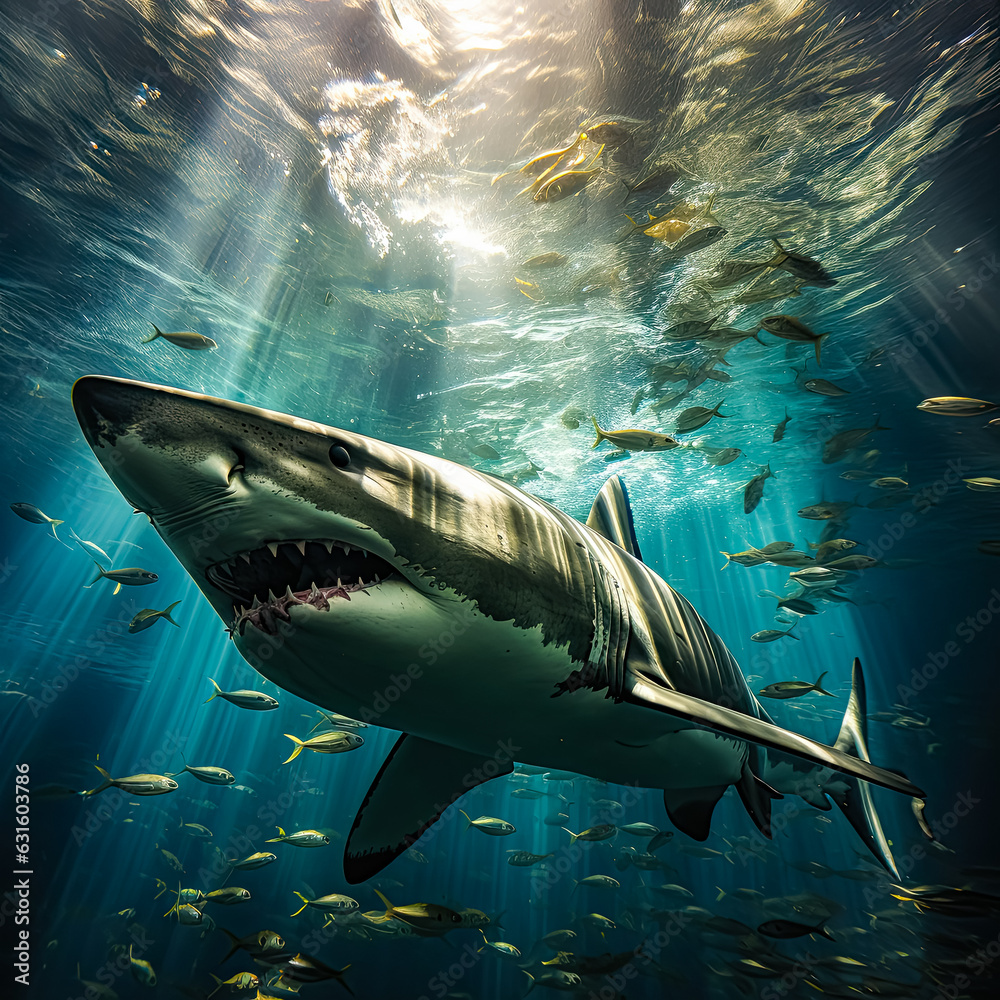 Naklejka premium shark swims in ocean among fish AI generated, high quality 3D illustration