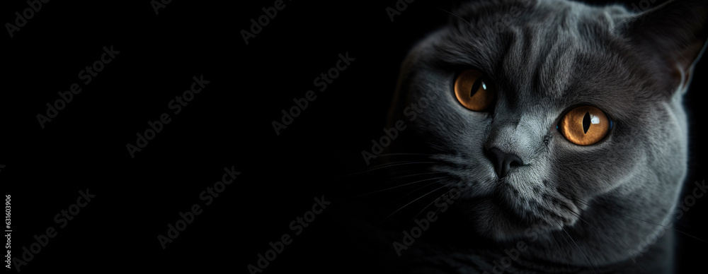 Portrait of British shorthair grey cat with big wide face on Isolated Black background,generative ai. Portrait of British shorthair grey cat with big wide face on Isolated Black background,generative ai.
